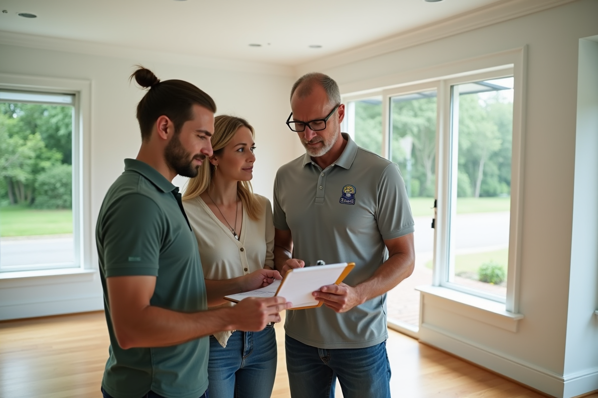 Couple discutant avec un déménageur lors de l