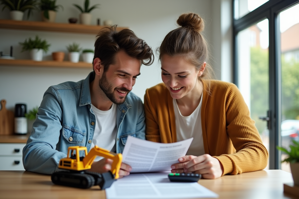 Jeune couple examine contrat de prêt dans cuisine moderne