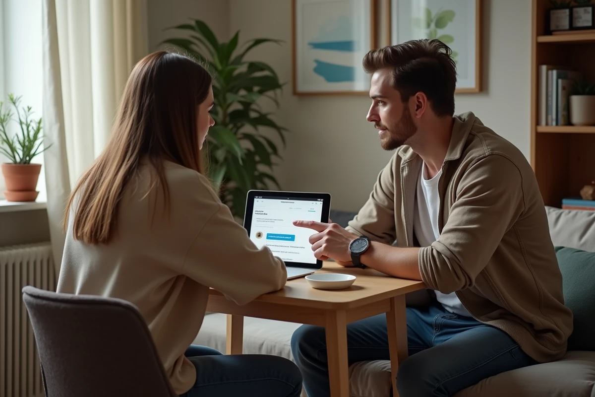 Couple de jeunes actifs comparant des formules d'assurance habitation sur une tablette dans leur premier logement