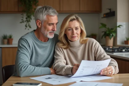 Couple de milieu d'&acirc;ge discutant de travaux de r&eacute;novation maison
