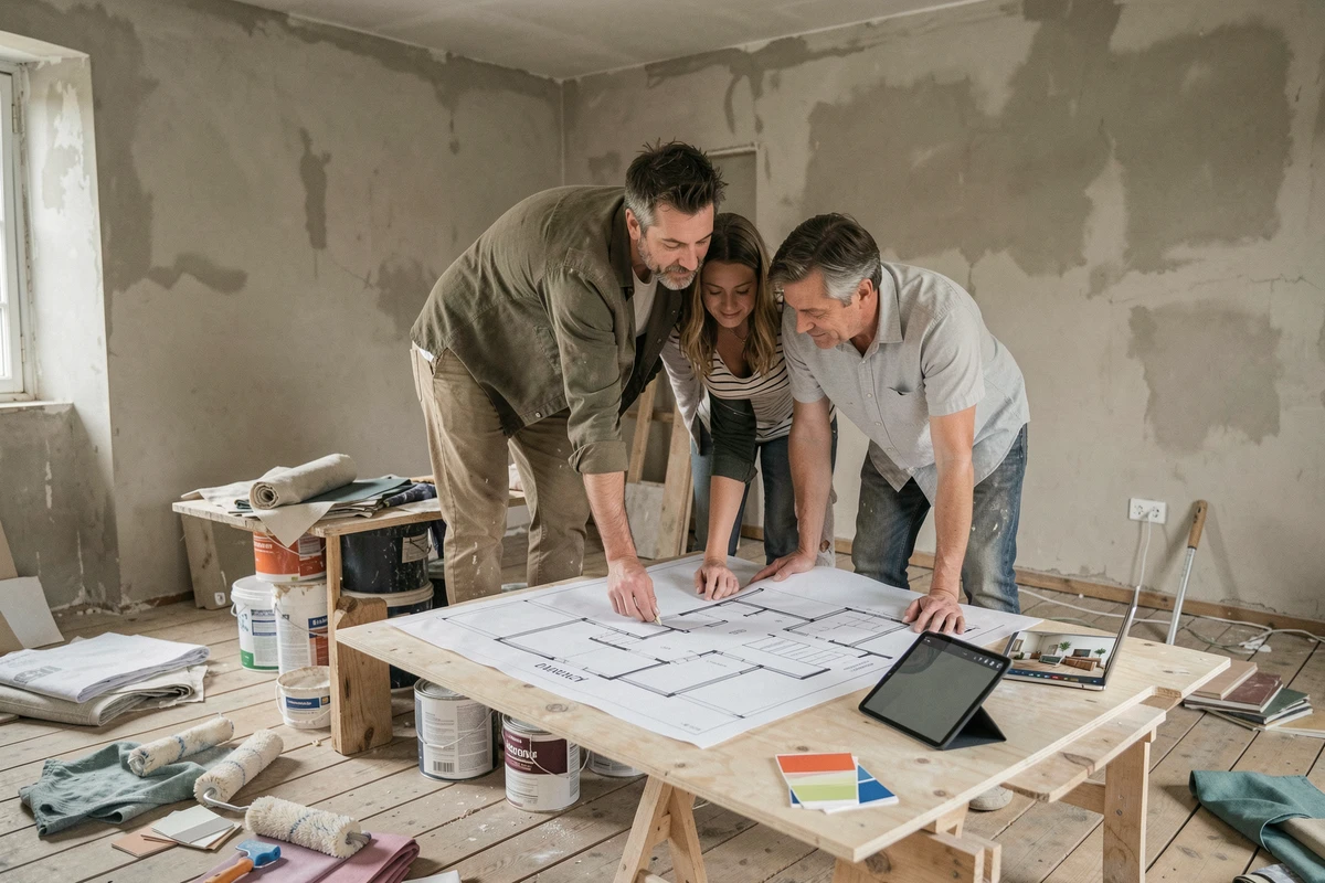 Couple consultant un simulateur de décoration sur tablette dans une pièce en cours de rénovation