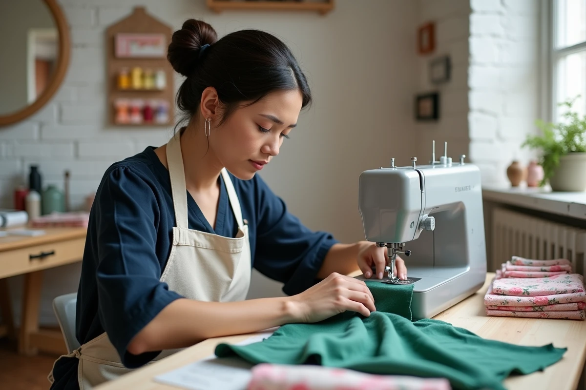 Femme cousant du tissu sur une machine à coudre moderne dans un atelier de couture maison bien organisé, style kallou.fr