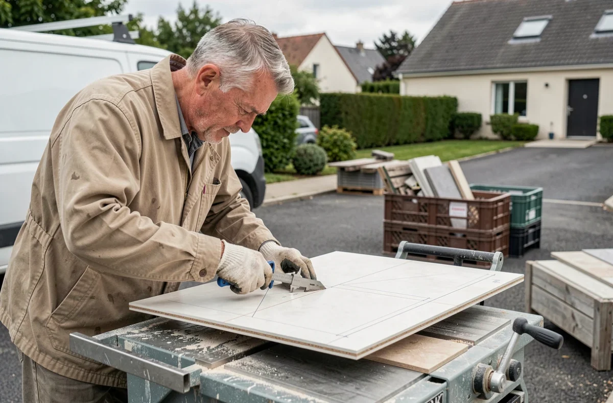 Spécialiste CP Carrelage découpe une tuile en porcelaine sur un chantier dans le Val-d'Oise