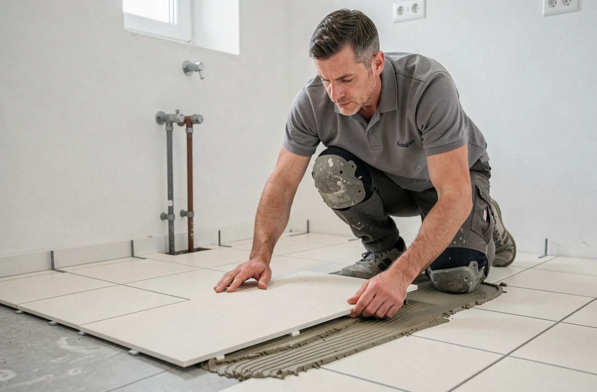 Carreleur de CR Bati Solutions posant du carrelage dans une salle de bain à Éragny