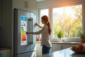 Cuisine moderne avec frigo affichant labels energie