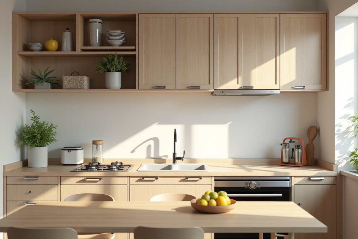 Cuisine organisée avec rangements verticaux et table pliante