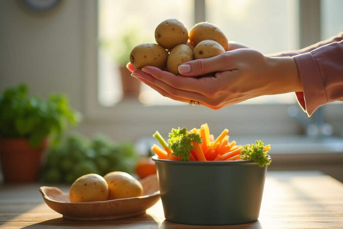main tenant des pommes de terre crues au-dessus d