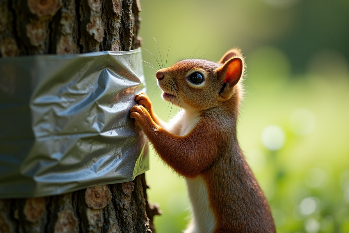 Écureuil essayant de grimper à un arbre avec barriere en plastique brillant