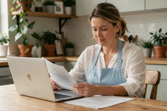 Femme consultant des documents administratifs pour déclarer une aide ménagère à domicile