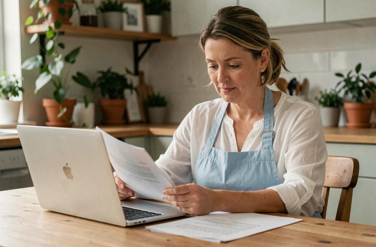 Femme consultant des documents administratifs pour déclarer une aide ménagère à domicile
