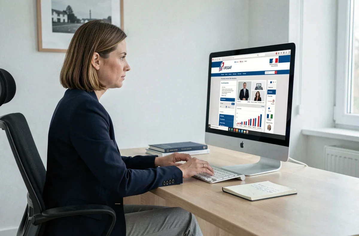 Femme effectuant une déclaration d'employée de maison sur le site URSSAF depuis son bureau