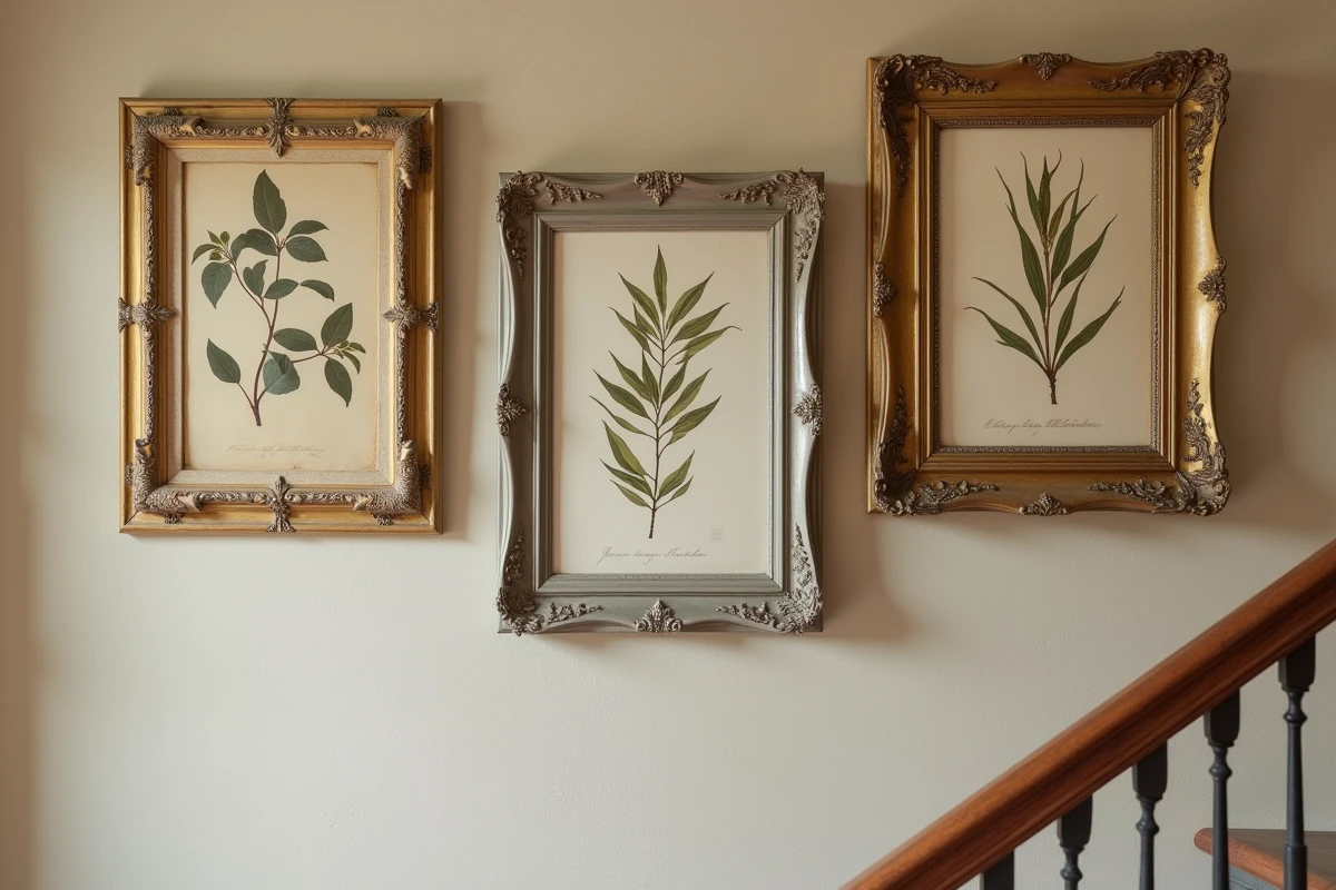 Mur de cage d'escalier ancienne décoré d'un arrangement de cadres vintage avec gravures et herbiers, plâtre texturé en greige dans une maison de caractère