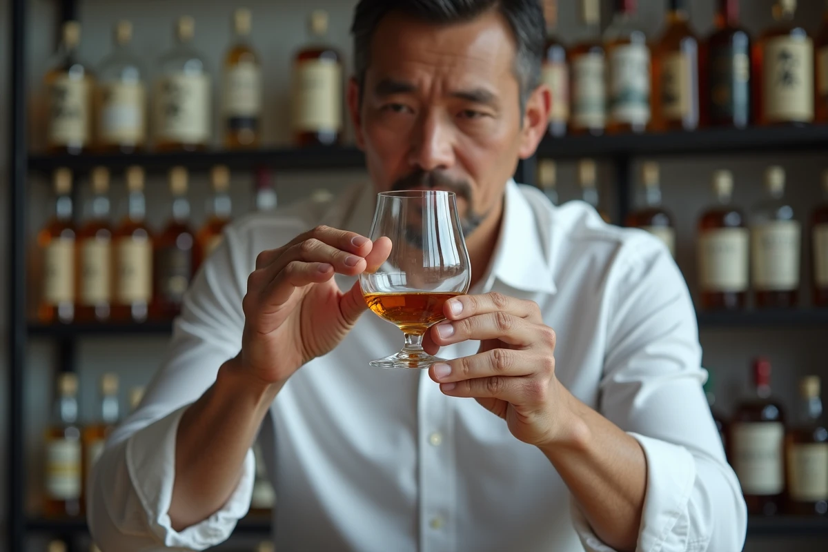 Homme d'une quarantaine d'années examinant la couleur d'un whisky japonais dans un verre Glencairn dans un bar moderne minimaliste