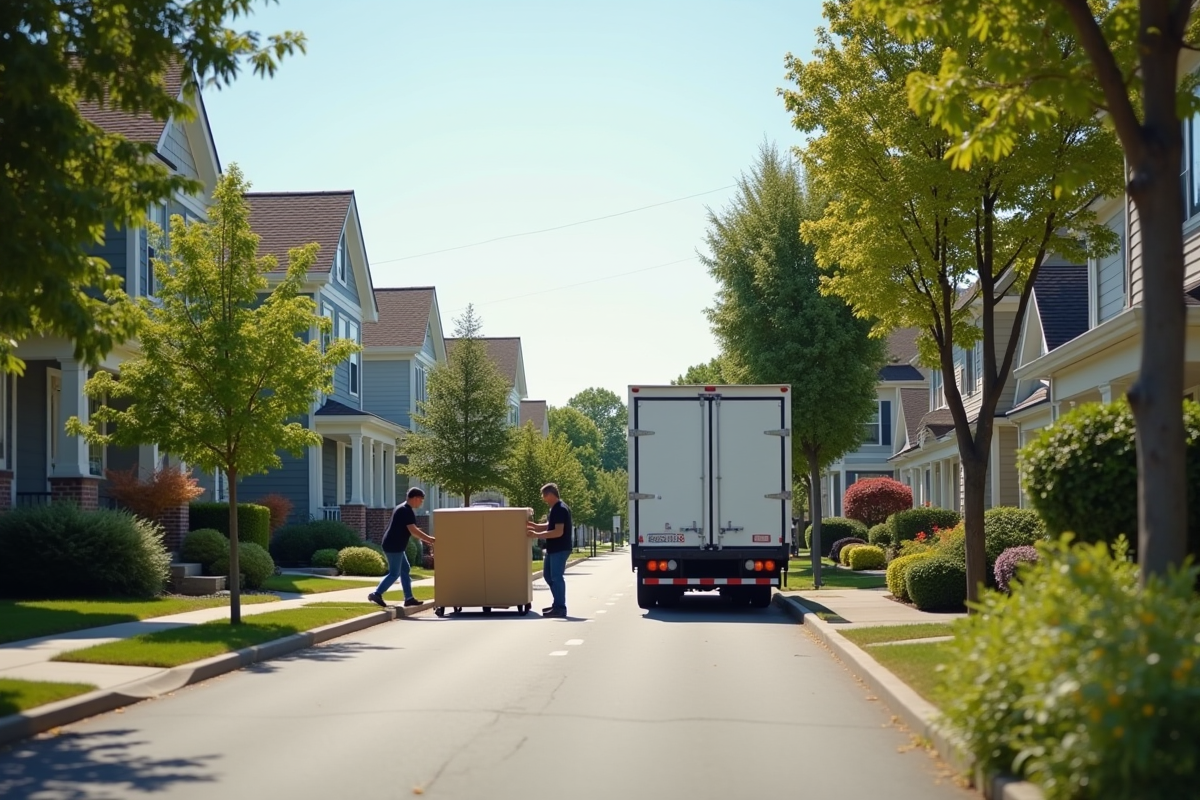 Camion de déménagement sur une rue résidentielle ensoleillée