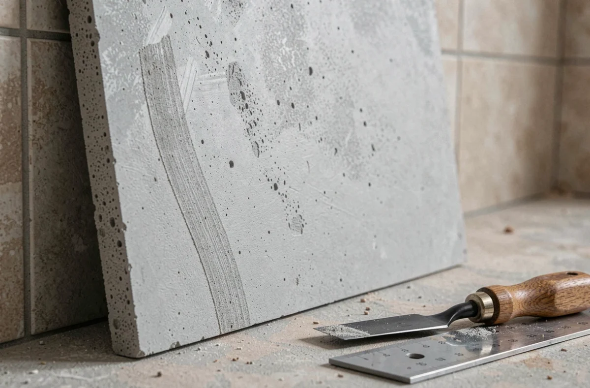 Détail de texture du béton cellulaire utilisé pour fabriquer un meuble de salle de bain sur mesure