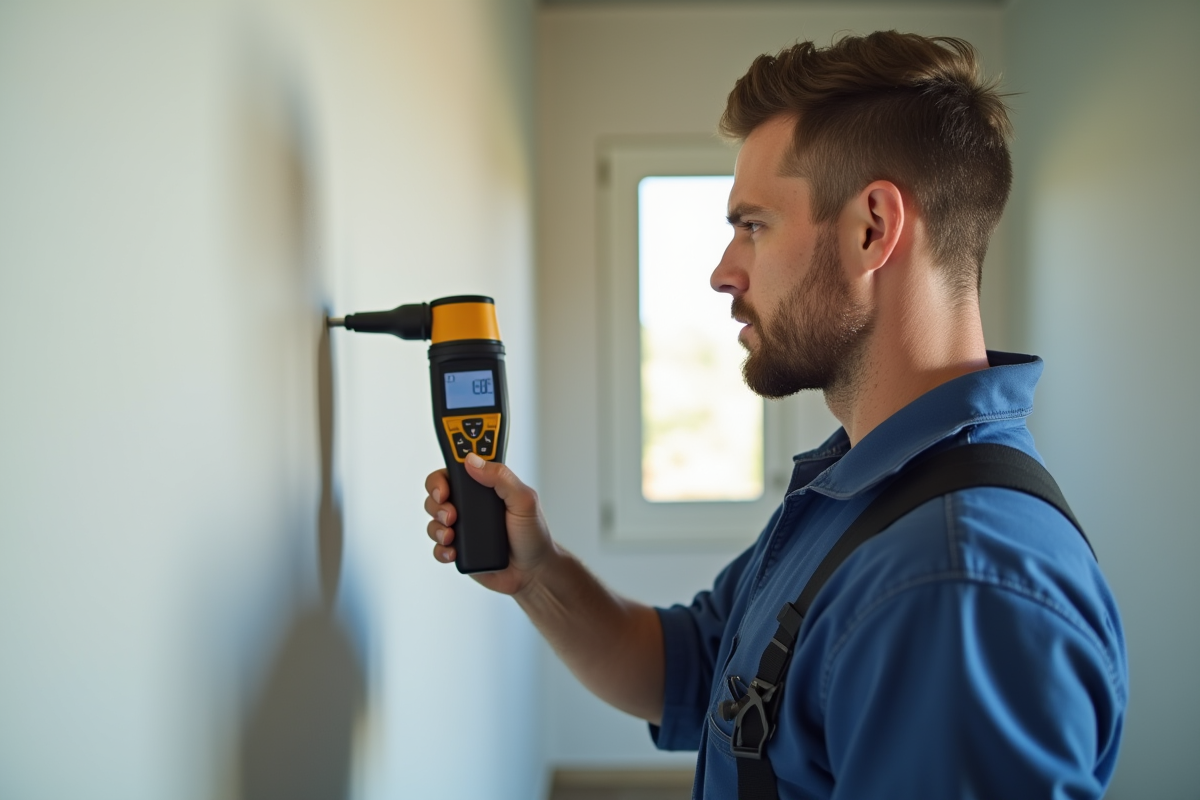 Plombier utilisant un détecteur d'humidite sur un mur peint intérieur