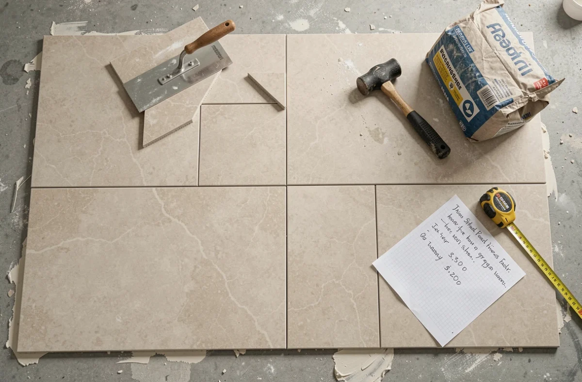 Vue de dessus d'un chantier de pose de carrelage au sol avec devis de prix et outils de carreleur