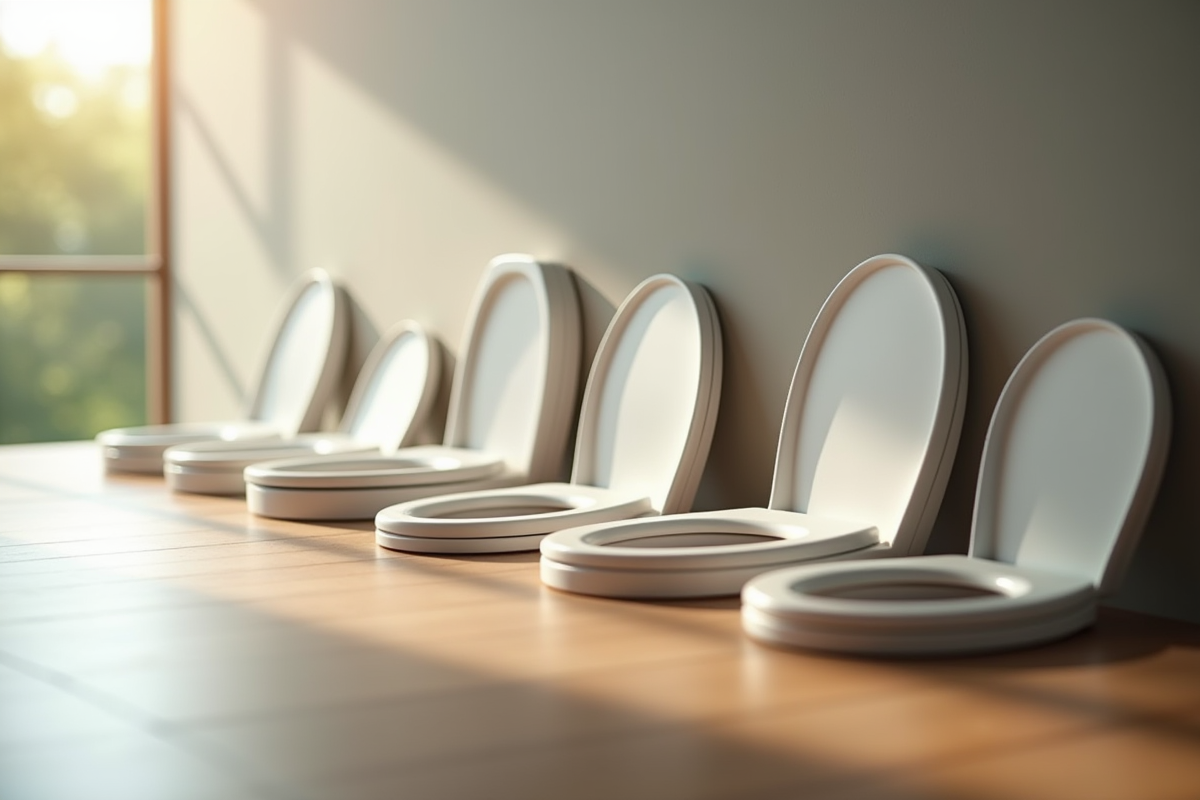 Plusieurs sièges de toilettes variés sur une surface en bois bien éclairée