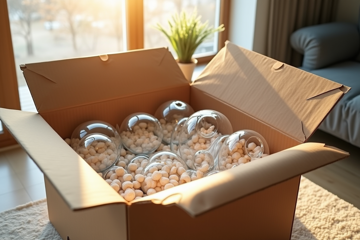 Boîte en carton avec verres protégés par papier et mousse