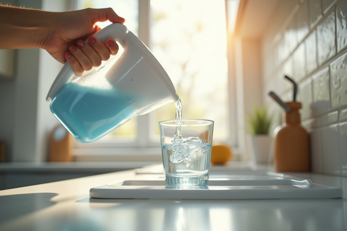 Verre d'eau filtrée avec pichet Brita sur un plan de travail