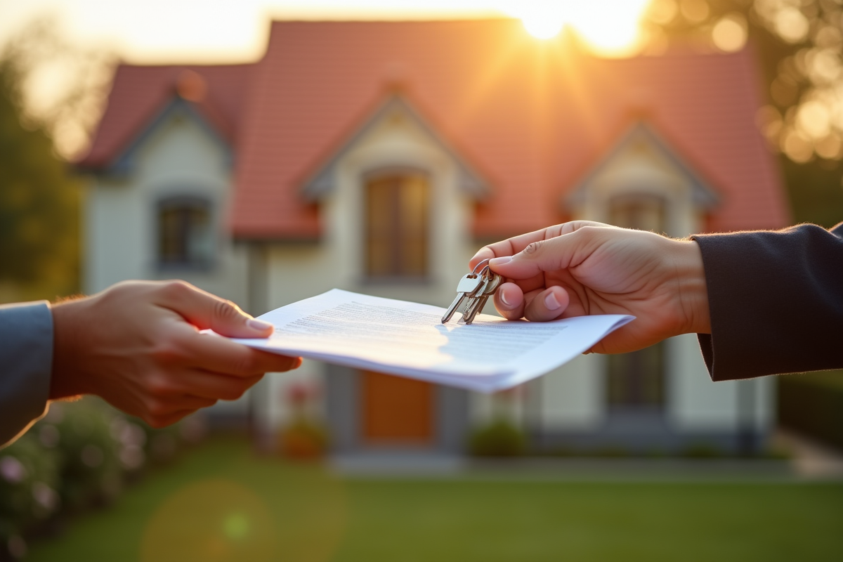 Main échangeant un contrat et des clés devant une maison rénovée
