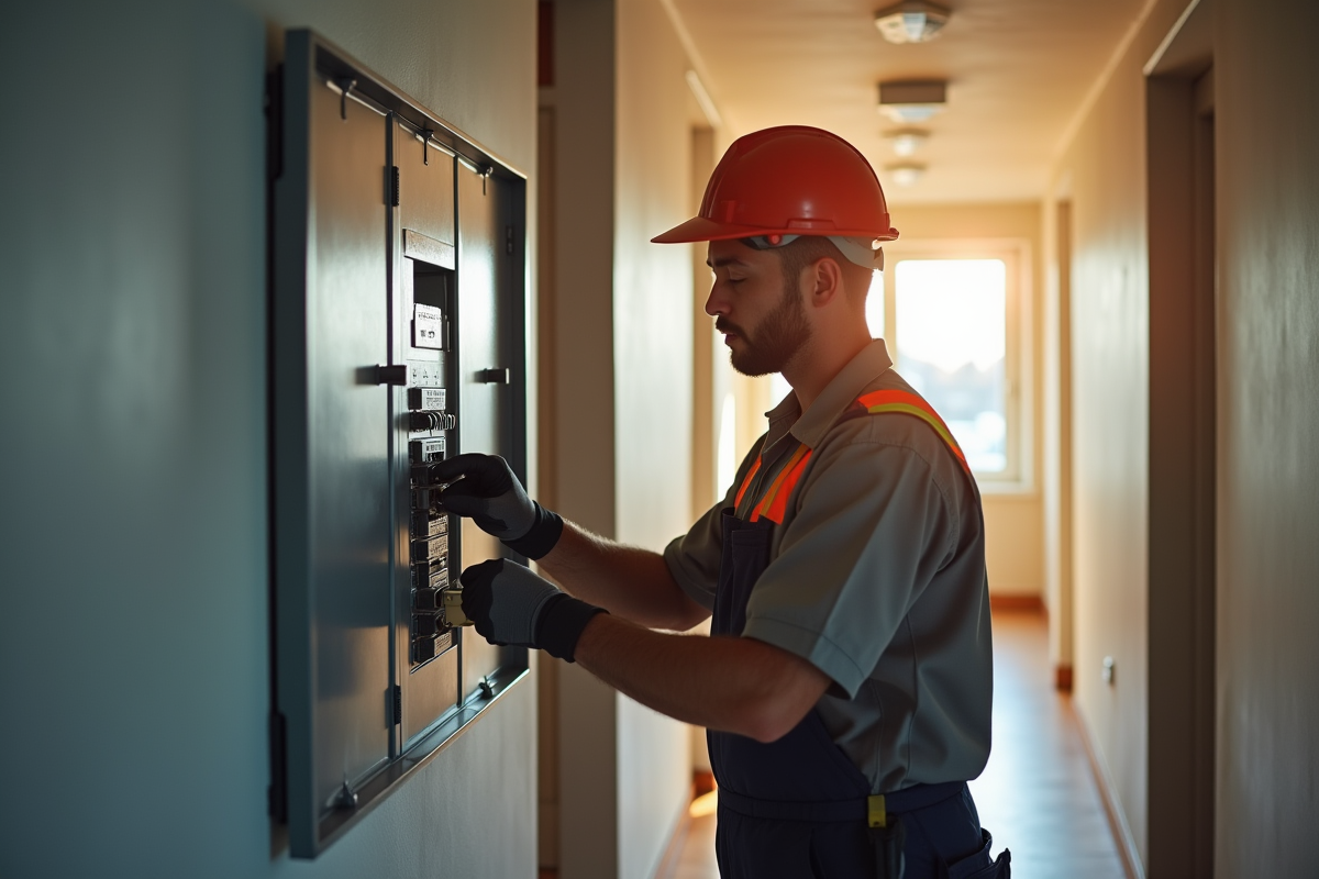 Electricien certifie inspectant un panneau électrique moderne dans un couloir lumineux