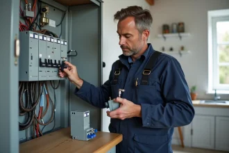 Électricien homme en overalls examinant un panneau électrique moderne