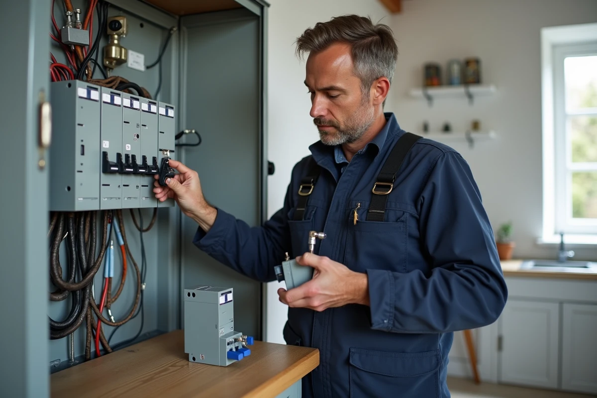 Électricien homme en overalls examinant un panneau électrique moderne