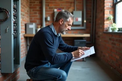 Homme d'&acirc;ge moyen examine un sch&eacute;ma de mise &agrave; la terre dans un local technique