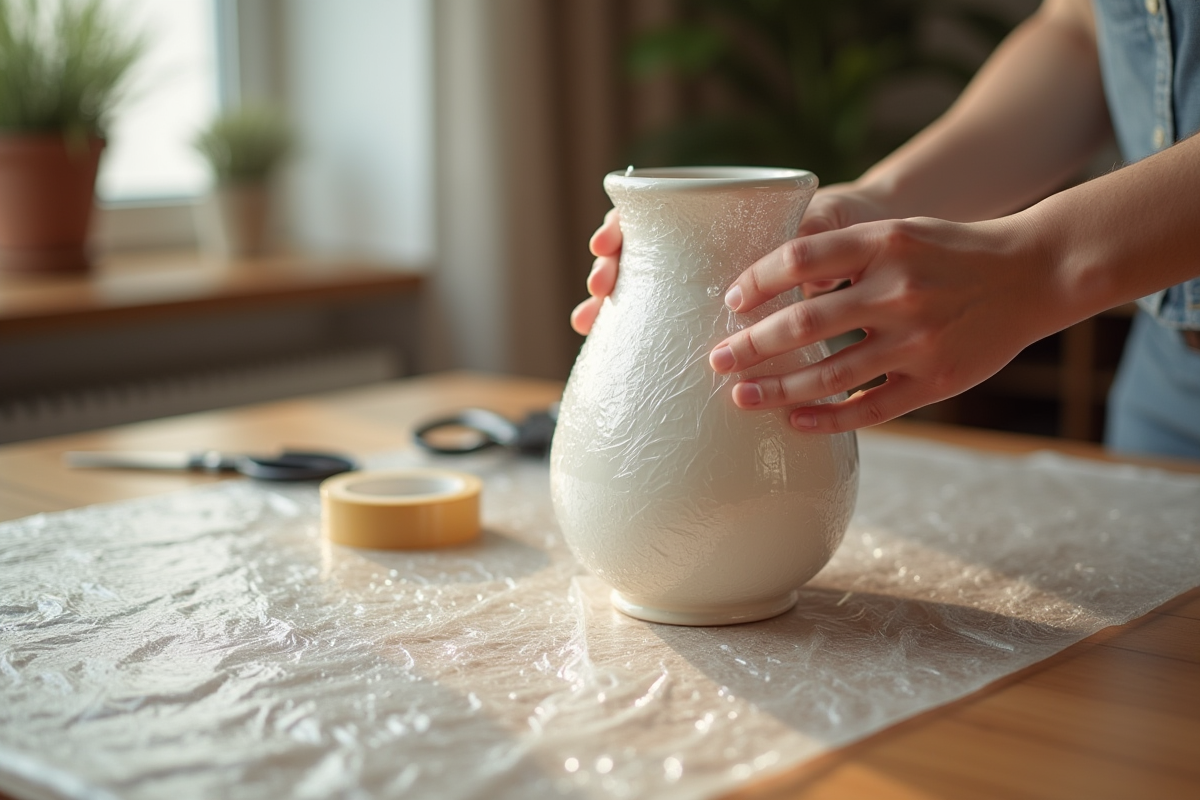 Main enveloppant un vase en céramique dans du papier bulle