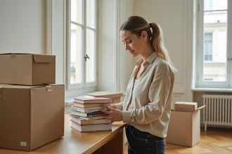Femme installant des livres de vocabulaire français dans un appartement lors d'un emménagement