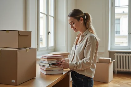 Femme installant des livres de vocabulaire français dans un appartement lors d'un emménagement