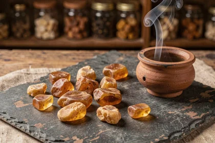 Morceaux de résine d'encens arabe naturel authentique posés sur une surface en pierre sombre avec un brûleur en céramique artisanal