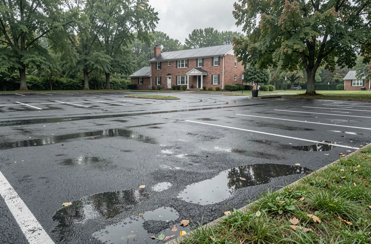 Allée de maison en enrobé drainant sous la pluie avec percolation visible de l'eau à travers le revêtement poreux
