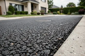 Gros plan sur une surface d'enrobé drainant fraîchement posé sur une allée de maison individuelle, texture granuleuse apparente