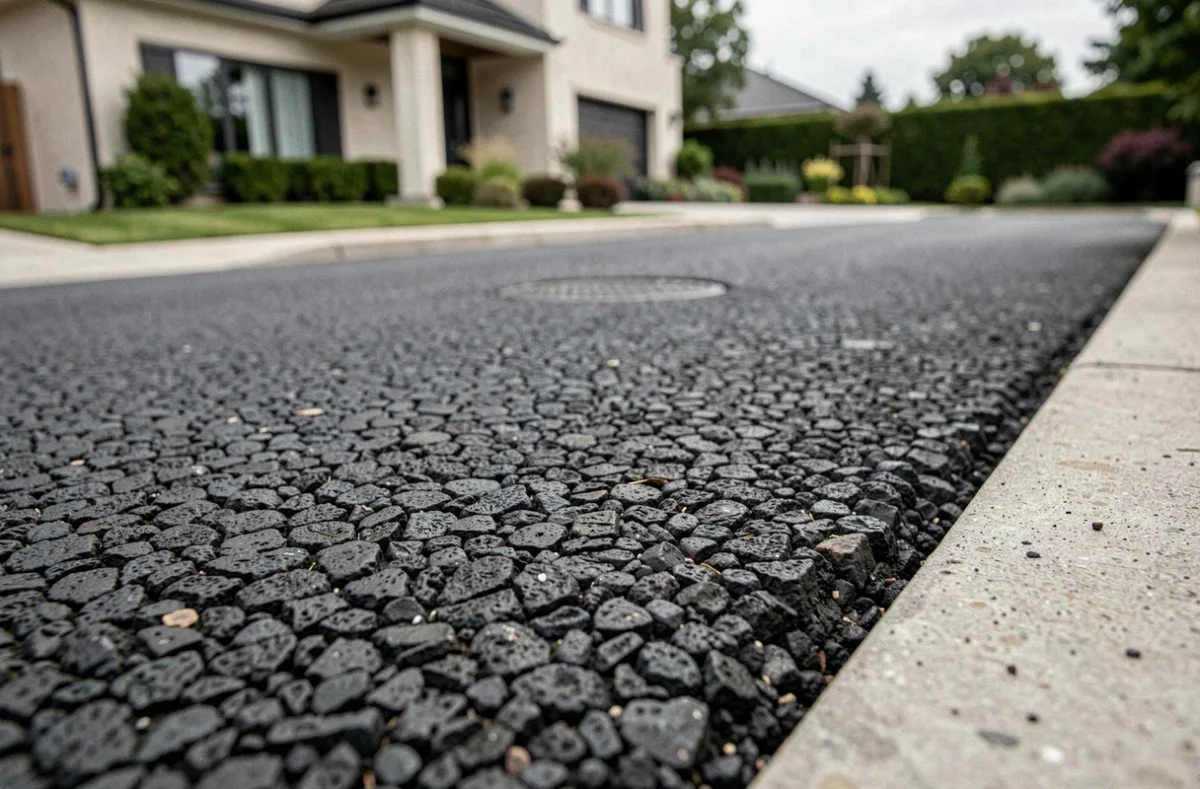 Gros plan sur une surface d'enrobé drainant fraîchement posé sur une allée de maison individuelle, texture granuleuse apparente