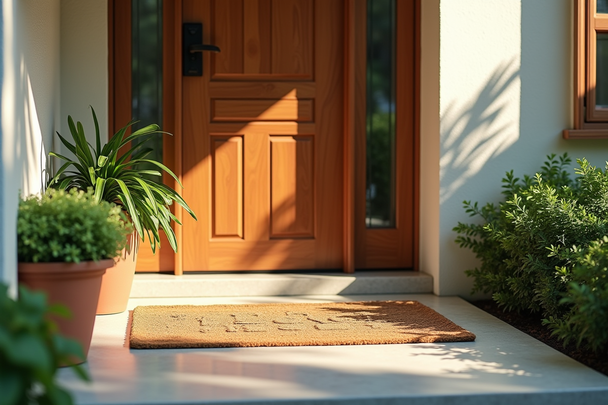 Entrée de maison moderne accueillante avec plantes et pas en pierre