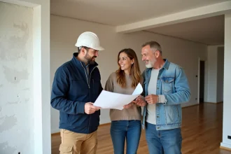 Entrepreneur en rénovation discutant avec un couple dans un salon moderne