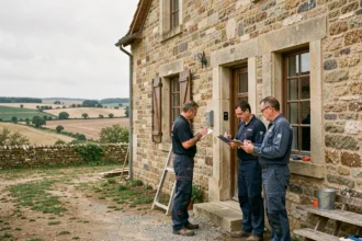 Équipe de rénovation professionnelle inspectant une maison en pierre dans le Cher