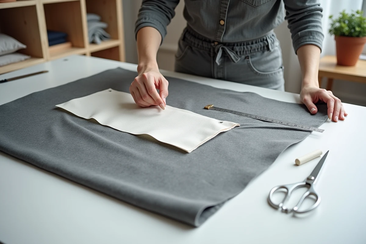 Mains féminines épinglant un patron de couture sur du tissu laine gris avec outils de coupe professionnels sur table de travail