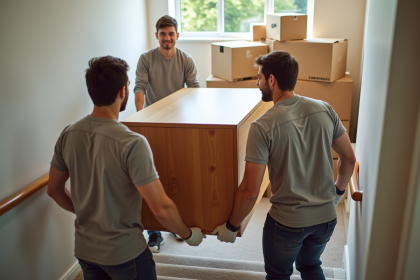 Equipe de déménageurs portant un grand meuble dans une maison moderne