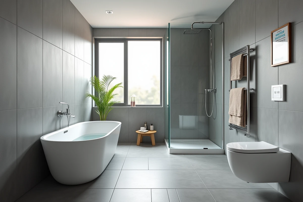Salle de bain moderne avec baignoire, douche, toilettes et radiateur sèche-serviettes, montrant les équipements sanitaires les plus consommateurs d'eau dans un foyer