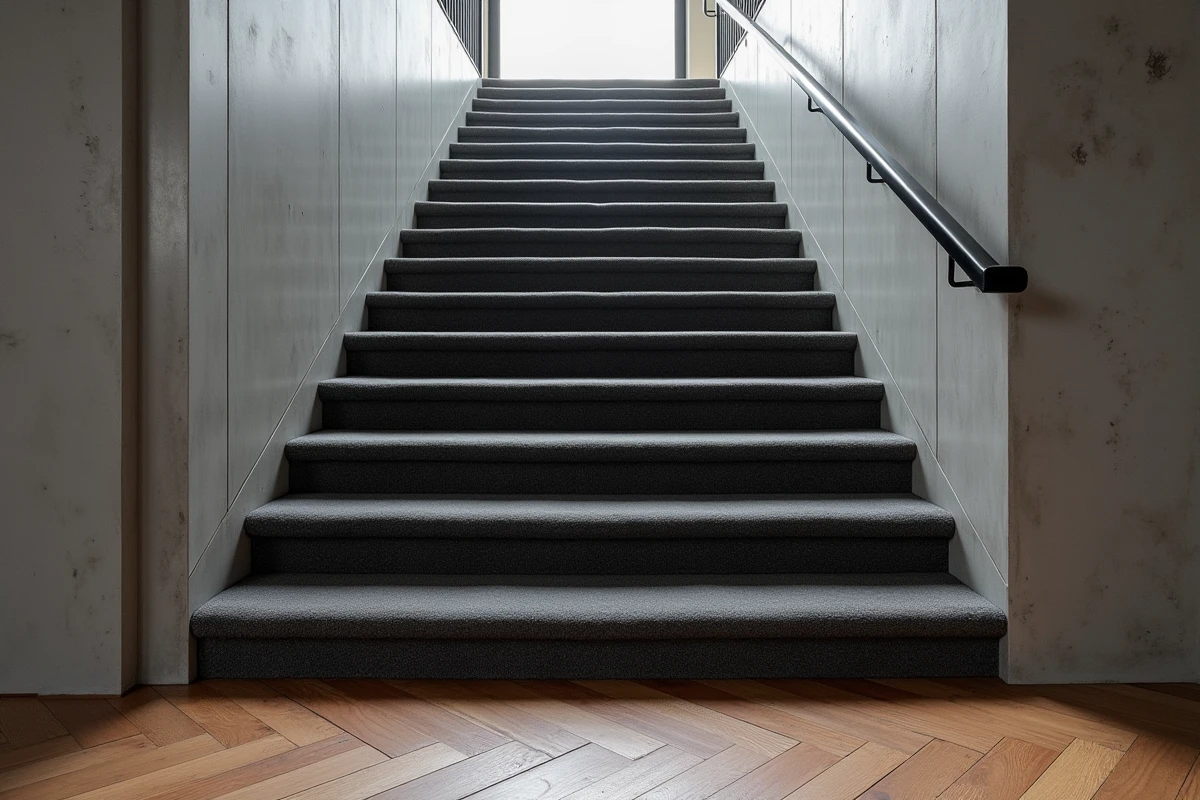 Escalier contemporain entièrement recouvert de moquette grise sur chaque marche dans un appartement minimaliste