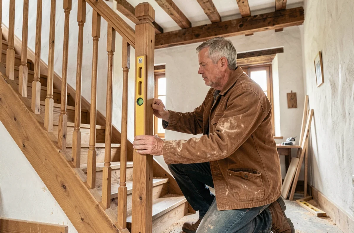Artisan d'Escaliers Hibert ajustant un balustre en chêne massif sur un escalier en bois dans une maison en pierre rénovée du Maine-et-Loire