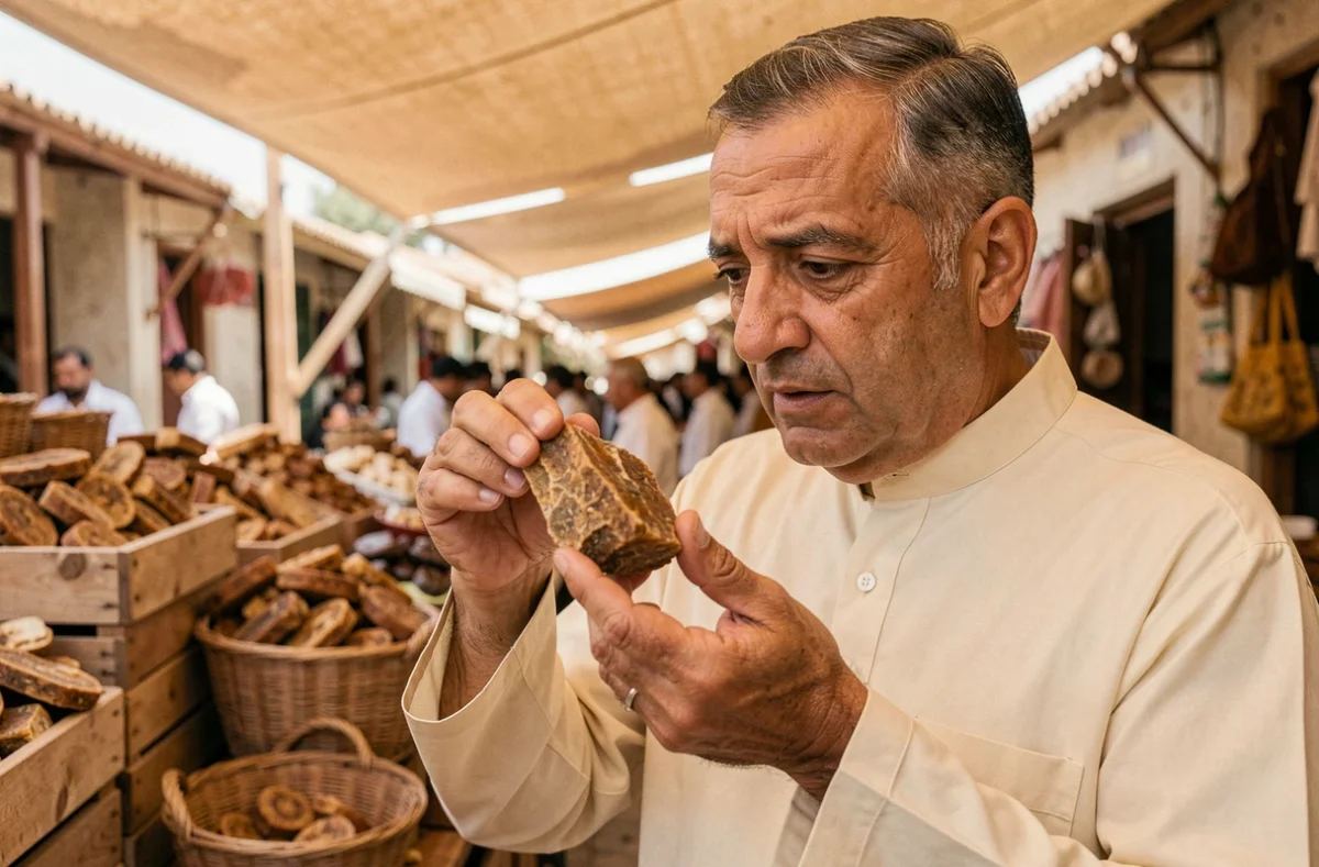 Commerçant arabe expérimenté inspectant un morceau d'encens naturel de qualité dans un souk traditionnel