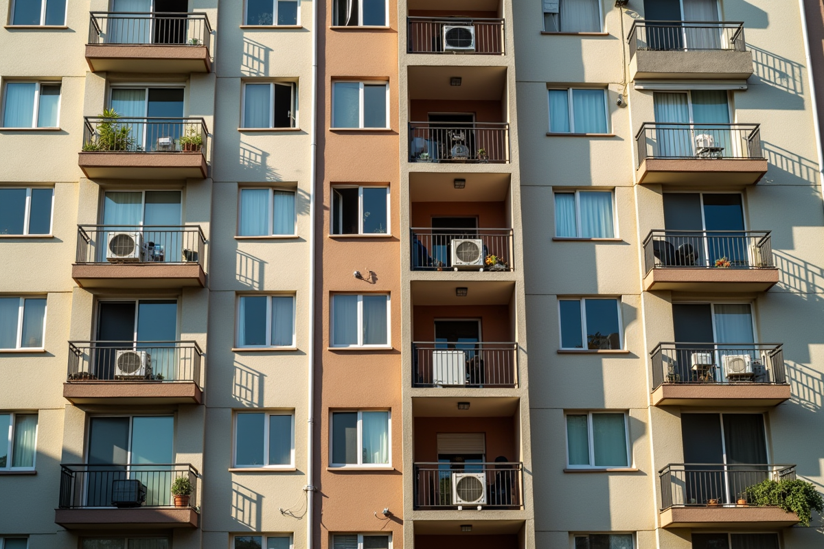 Façade d un immeuble urbain avec balcons et unités de pompe à chaleur
