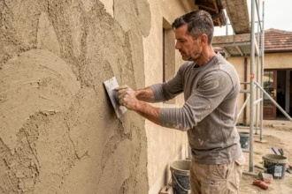 Façadier professionnel appliquant un crépi gratter sur le mur extérieur d'une maison avec une taloche en acier