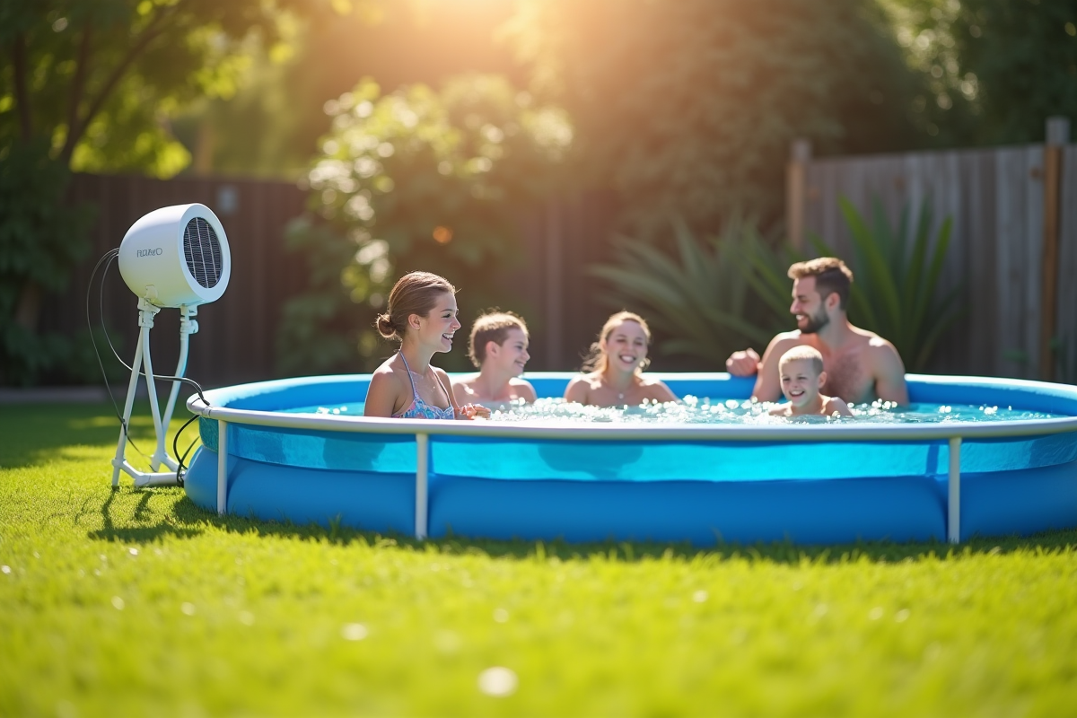 Famille profitant d'une piscine hors sol ensoleillée avec chauffage solaire