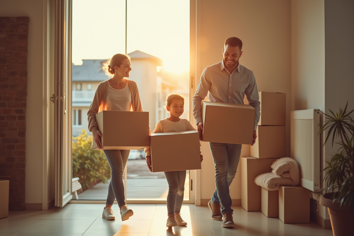 Famille portant des cartons dans un appartement lumineux