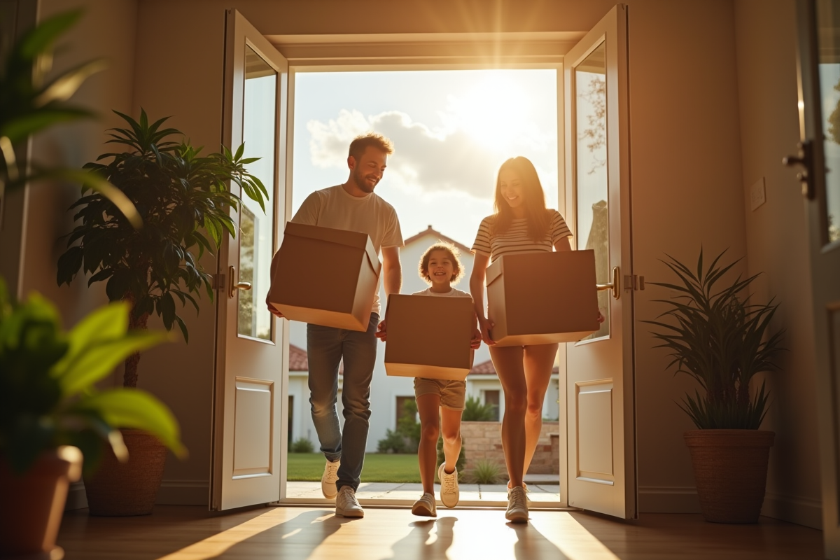 Famille heureuse portant des cartons dans une maison ensoleillee